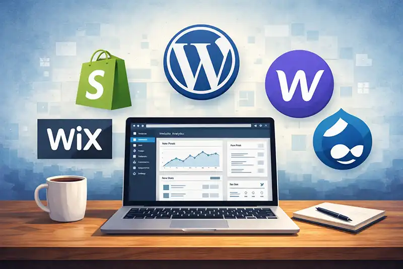 Computerskærm med webplatforme og grafik